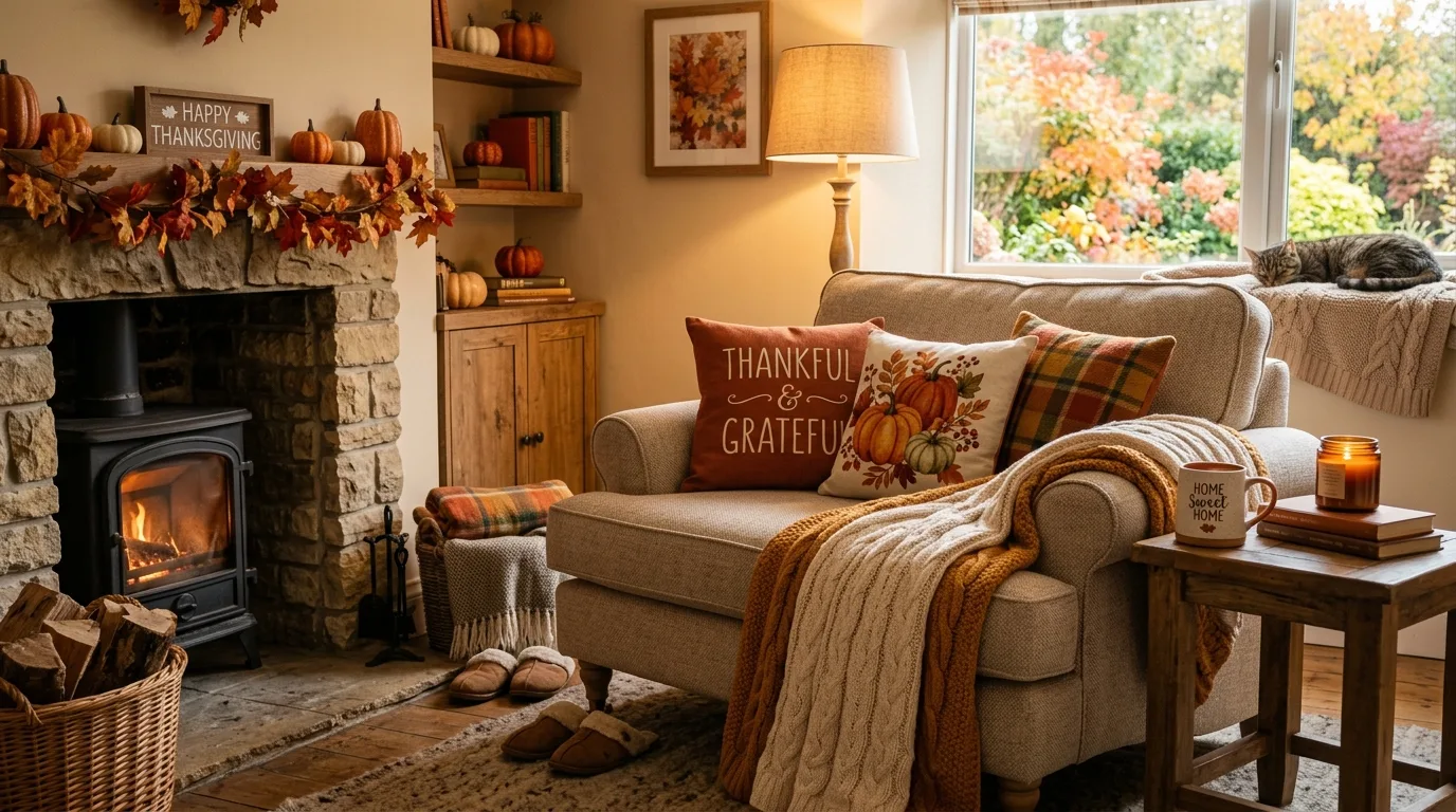 Cozy corner with Thanksgiving pillow covers and blanket